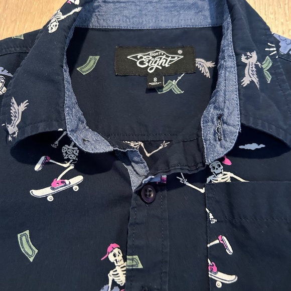 Eighty Eight Blue Short Sleeve Button Down Skateboard Skeleton Theme Size 8 - Picture 2 of 5